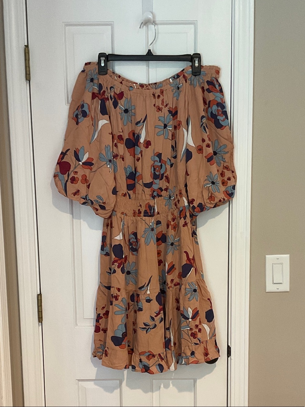 Floral Off-Shoulder Midi Dress in Tan